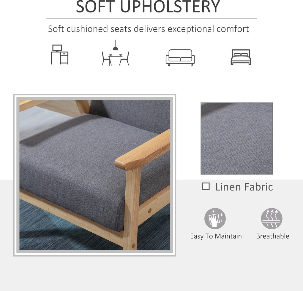 HOMCOM Stylowy Fotel Skandynawski - Lite Drewno, Imitacja Lnu, Szary Kolor, Akcentowy Design | Aosom PL