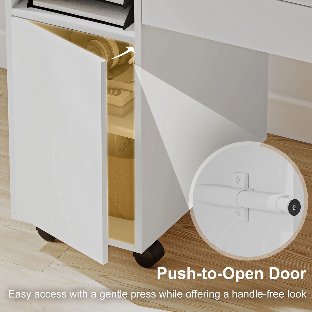 HOMCOM Mobilne biurko komputerowe na kółkach, składane biurko z szafką i szufladą, płyta wiórowa, biały