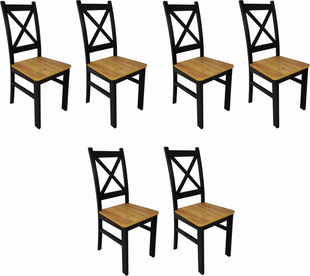6x Krzesło drewniane Krzyżak czarny dąb craft LOFT czarne nogi