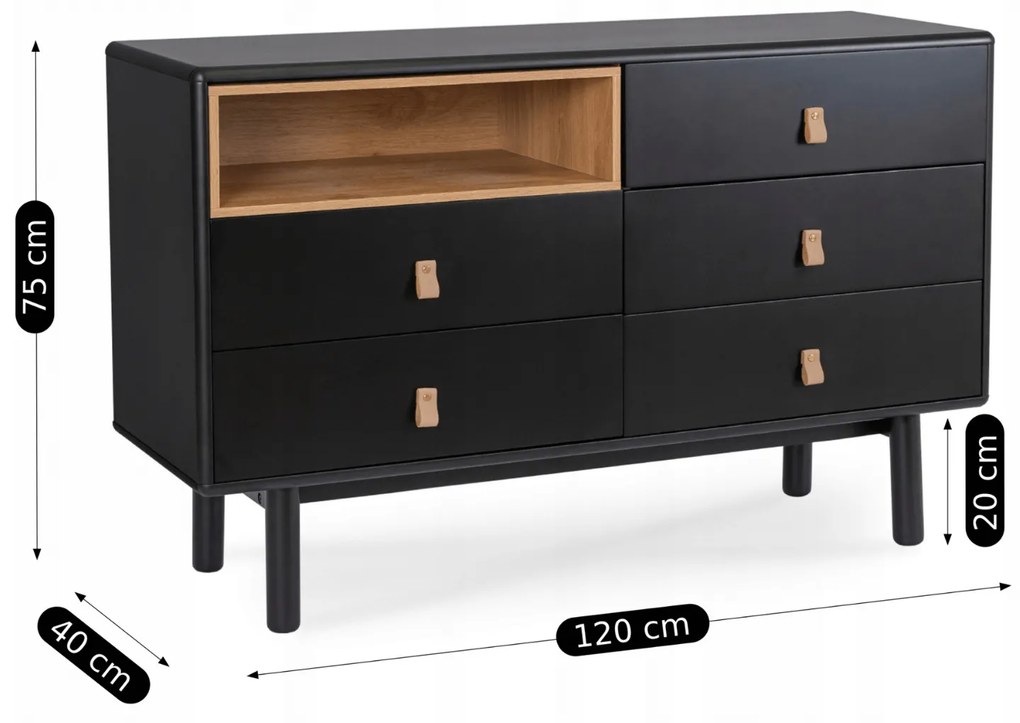 Komoda do Salonu NAOMI 120 cm Czarna z Szufladami i Półką Nowoczesna