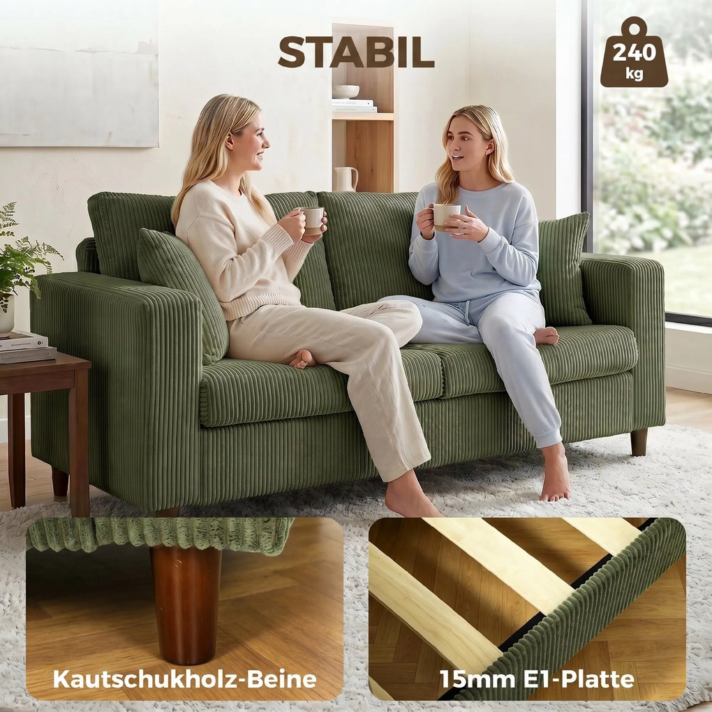 HOMCOM Sofa dwuosobowa ze sztruksu z szerokim głębokim siedziskiem i wkładem sprężynowym, zielona | Aosom PL
