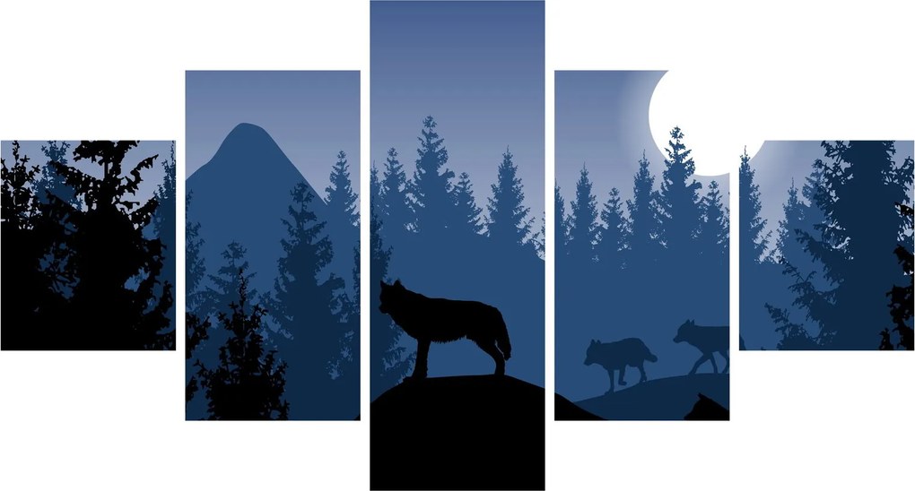 Obraz - Wataha wilków pod księżycem w pełni (125x70 cm)