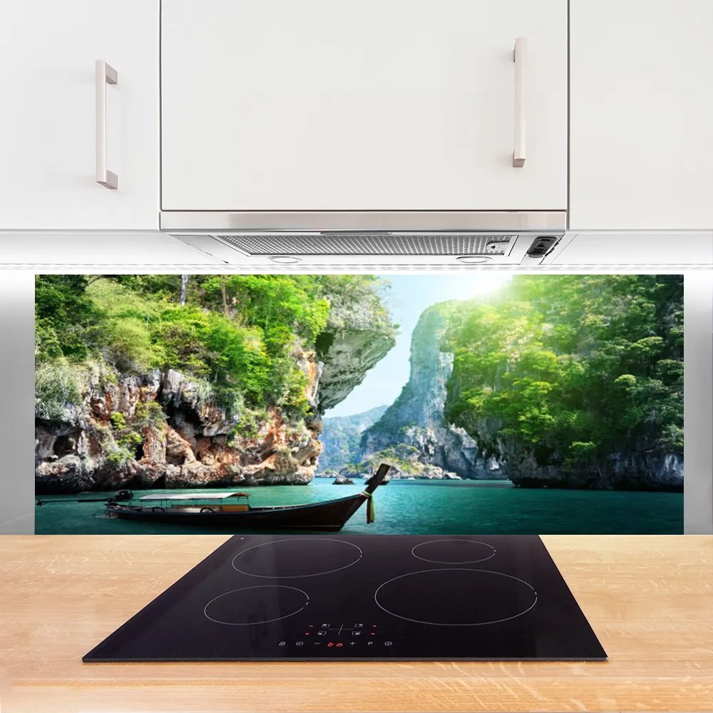 Szkło do Kuchni na Ścianę Łódka Na Górskim Jeziorem