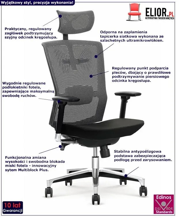 Ergonomiczny fotel obrotowy z regulacją zagłówka Arton - czarno - popielaty