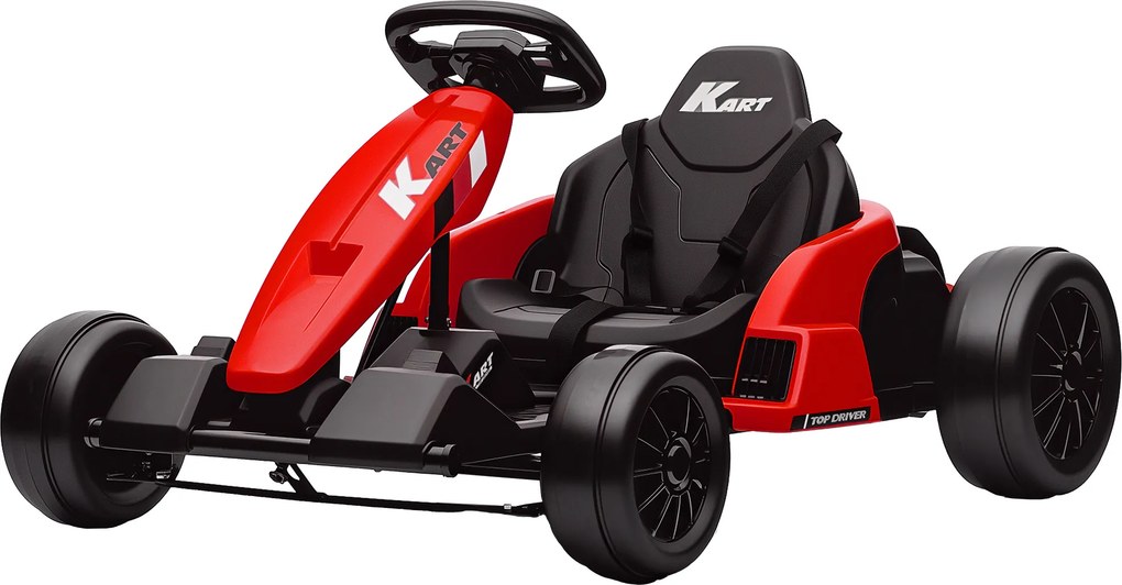 AIYAPLAY Gokart elektryczny 24 V, tryb driftu, regulowane siedzenie, 5-punktowy pas bezpieczeństwa, funkcja muzyki, klakson, 6-12 lat, czerwony