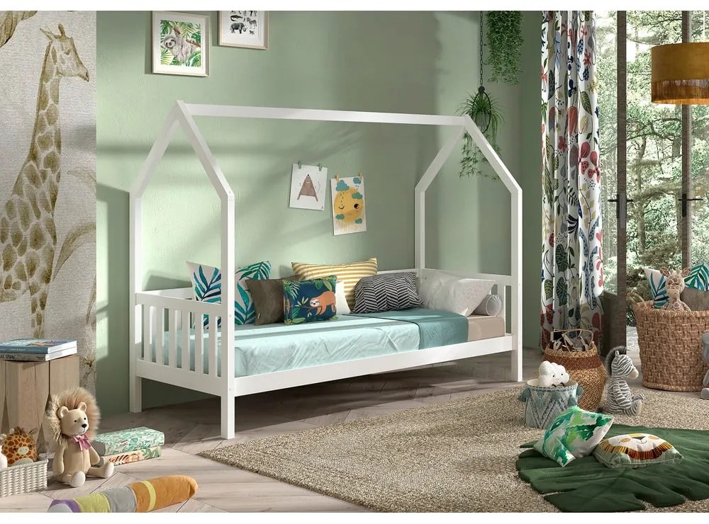 Białe łóżko dziecięce z litego drewna sosnowego w kształcie domku ze stelażem 90x200 cm Cabane – Vipack