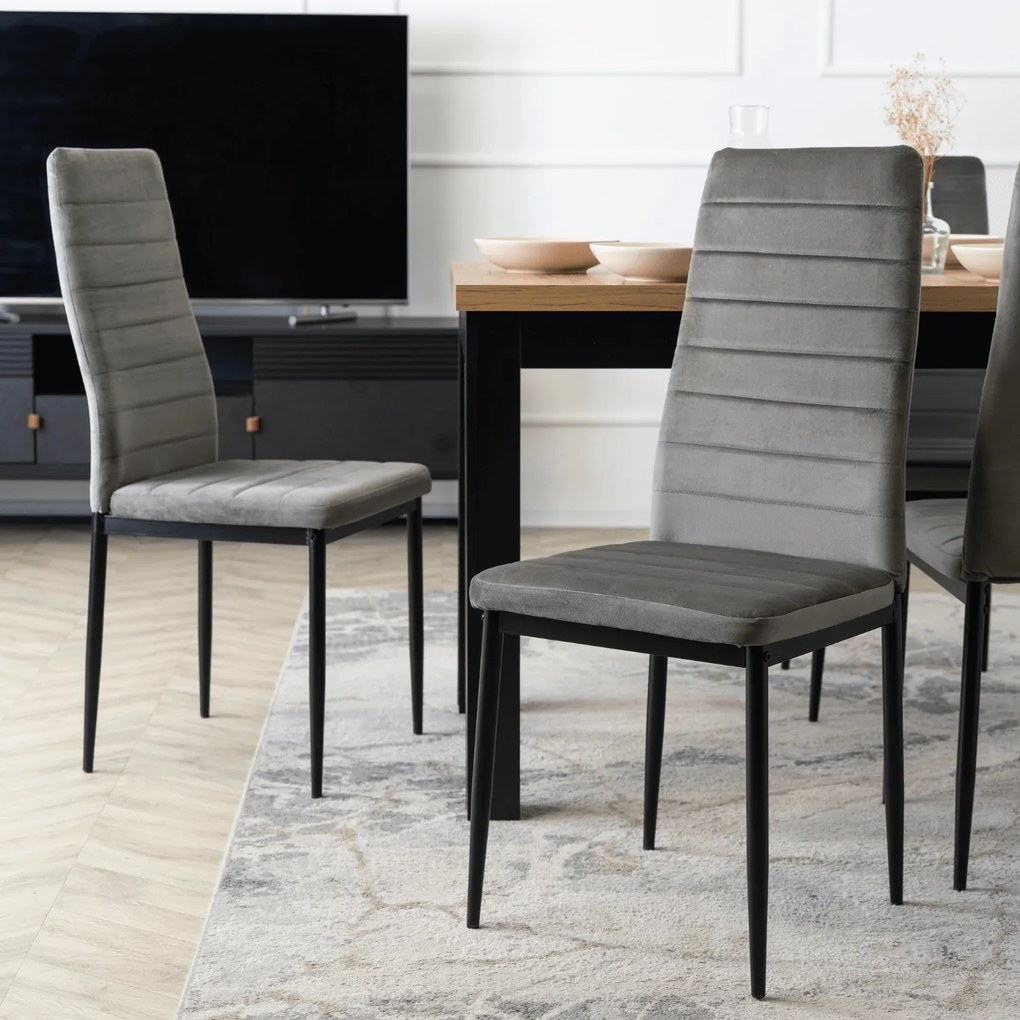 Zestaw Stół Rozkładany SKUBI 120-160 cm Dąb Craft/Czarny i 6 Krzeseł NARIS Szare Welurowe