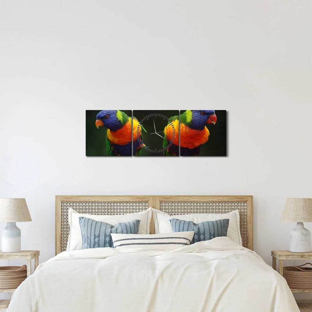 Obraz papug (z zegarem) (90x30 cm)