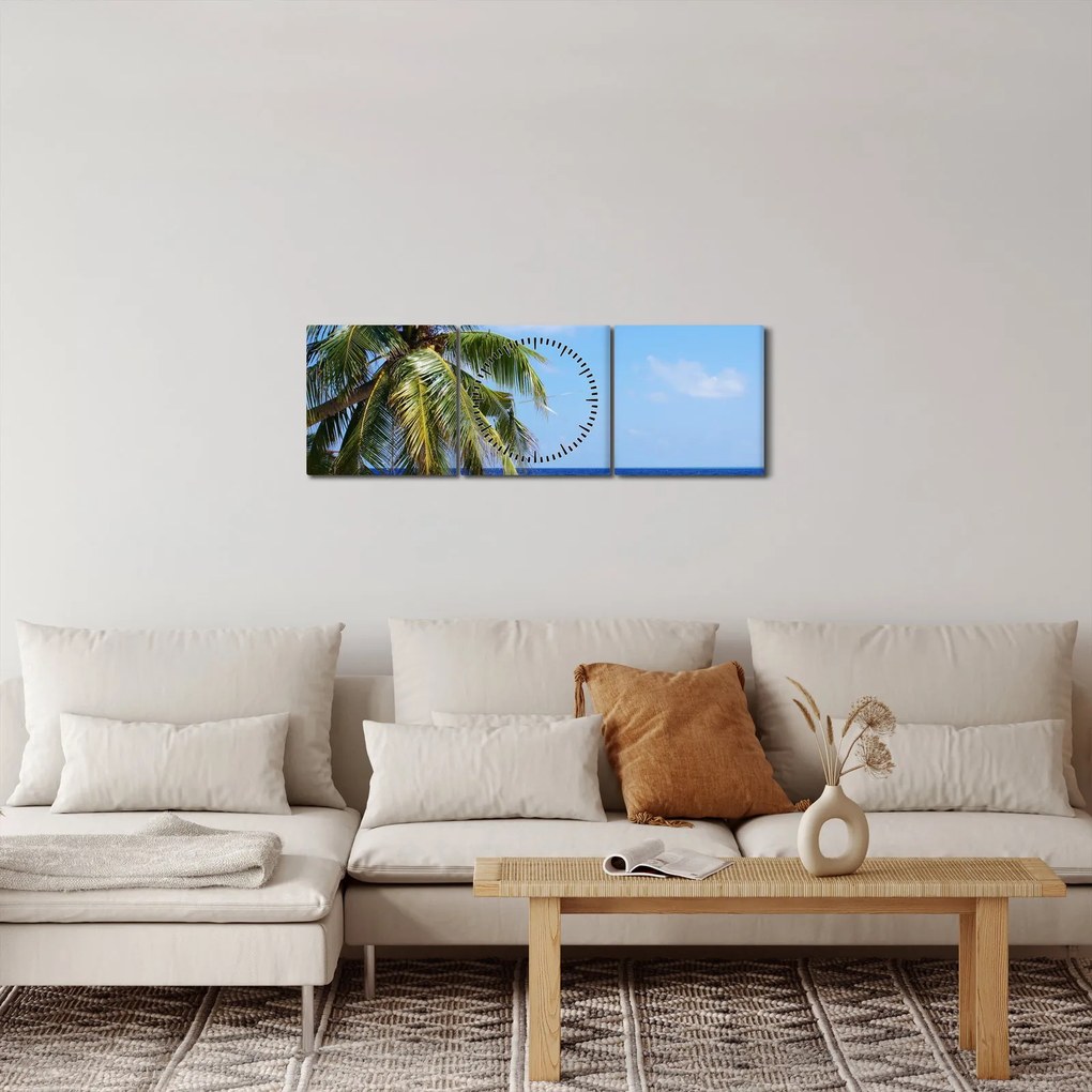 Obraz palmy na plaży (z zegarem) (90x30 cm)