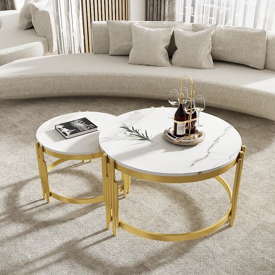 Zestaw 2 stolików kawowych z efektem marmuru - MDF, drewno i metal w kolorze złotym - 71,5x71,5x44 cm + 51,5x51,5x37 cm - biały