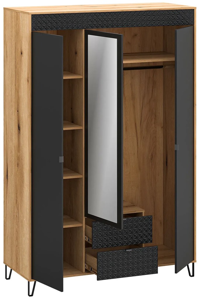 Szafa trzydrzwiowa z lustrem na nóżkach dąb evok + czarny Z8-P86