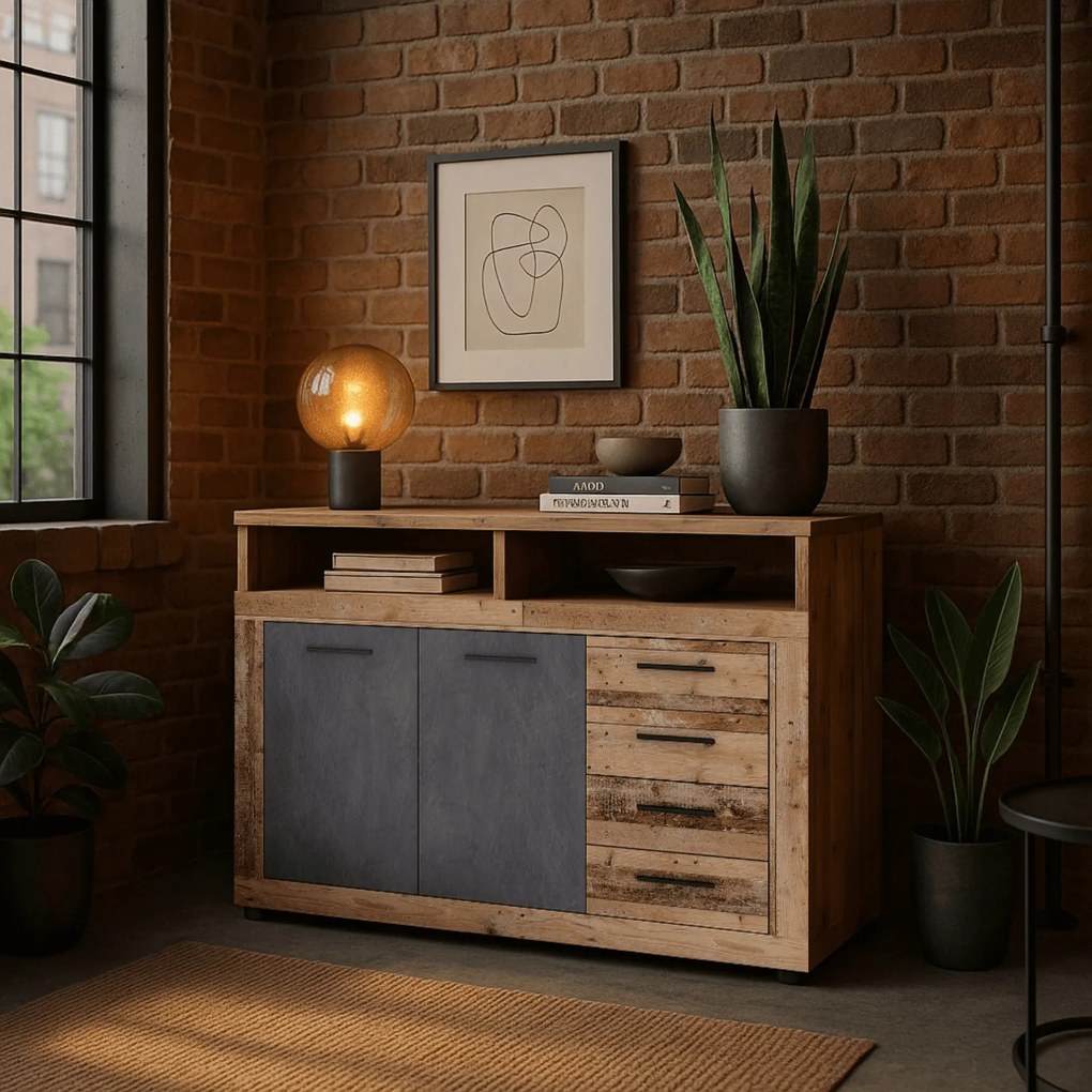 Komoda Dwudrzwiowa z Szufladami BLAGO MIDI A 119,6 cm Surowy Dąb/Czarny Loft