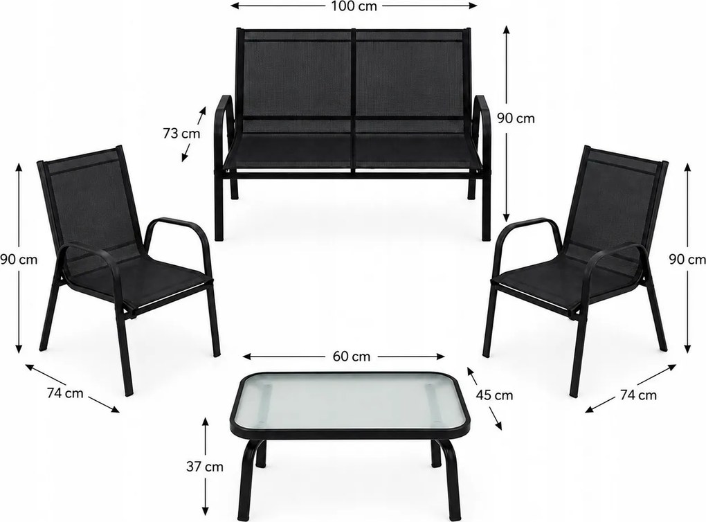 Zestaw mebli ogrodowych Boston 025 - sofa 2-osobowa, 2 fotele, stolik, kolor czarny