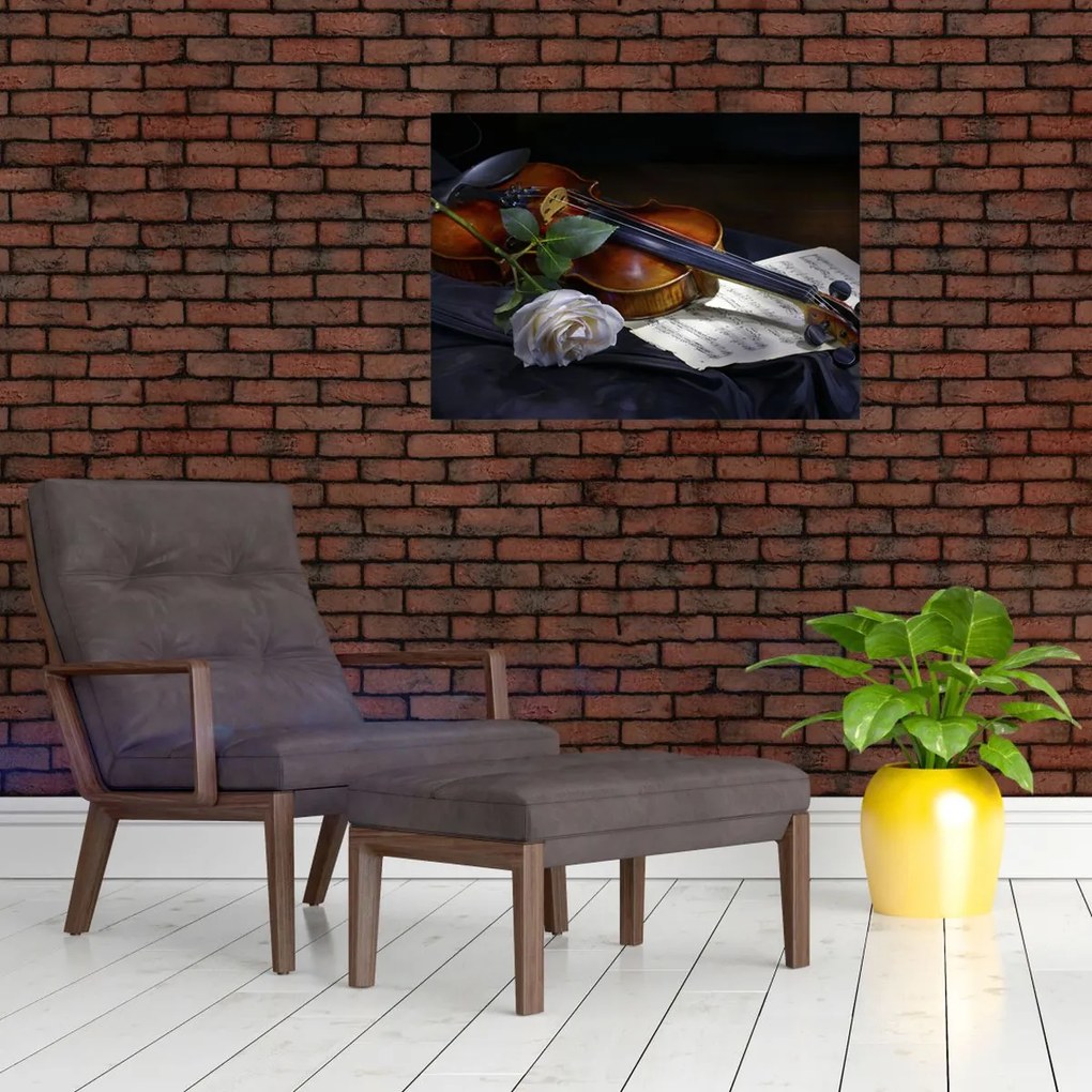 Obraz na szkle - Róże i skrzypce (70x50 cm)