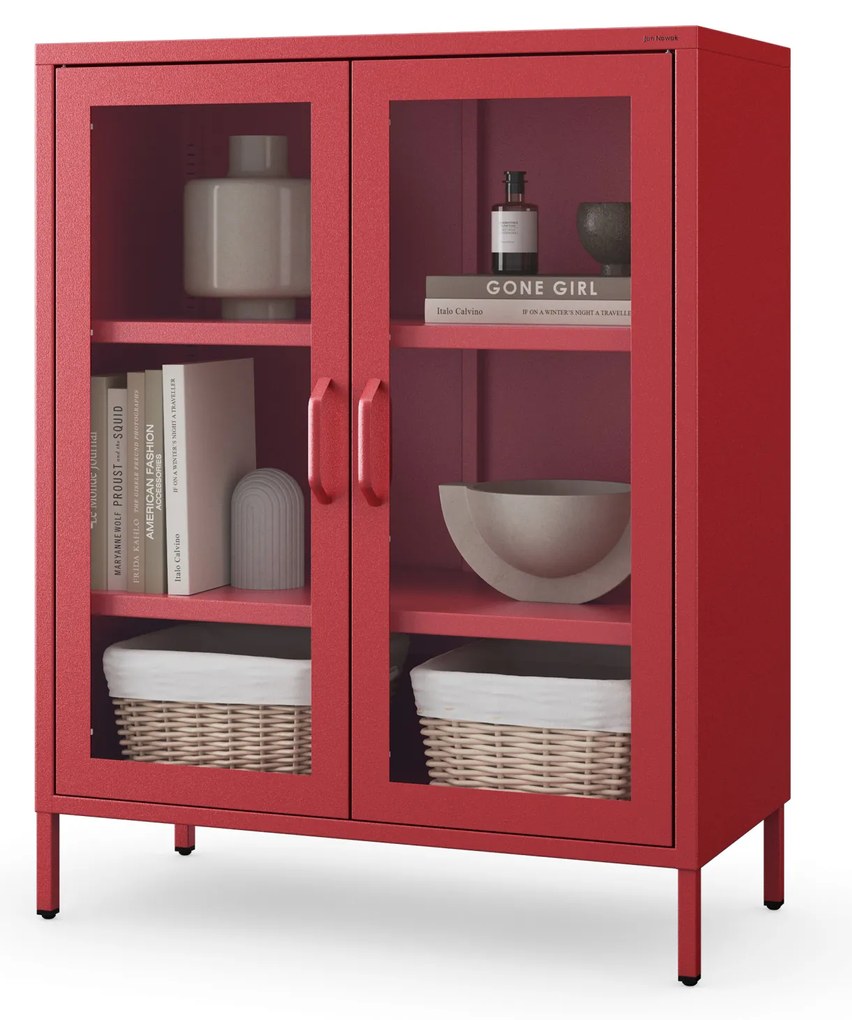 Witryna przeszklona niska czerwona: Modern GINA, 800 x 1015 x 400 mm