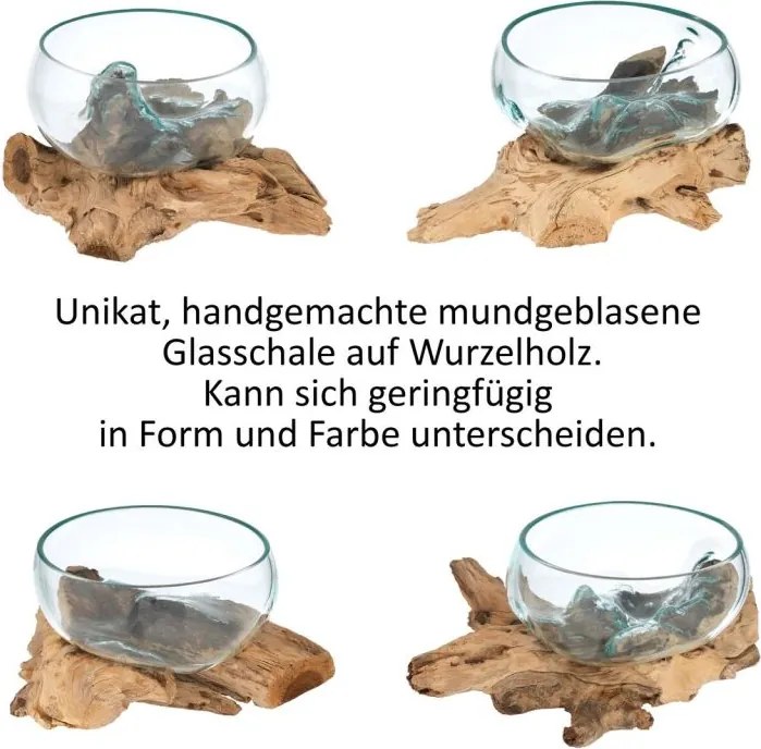 Ręcznie wykonana szklana miska na drewnie teakowym, 20 cm.