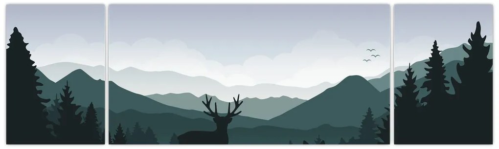 Obraz - Jeleń z wilkiem w skałach (170x50 cm)