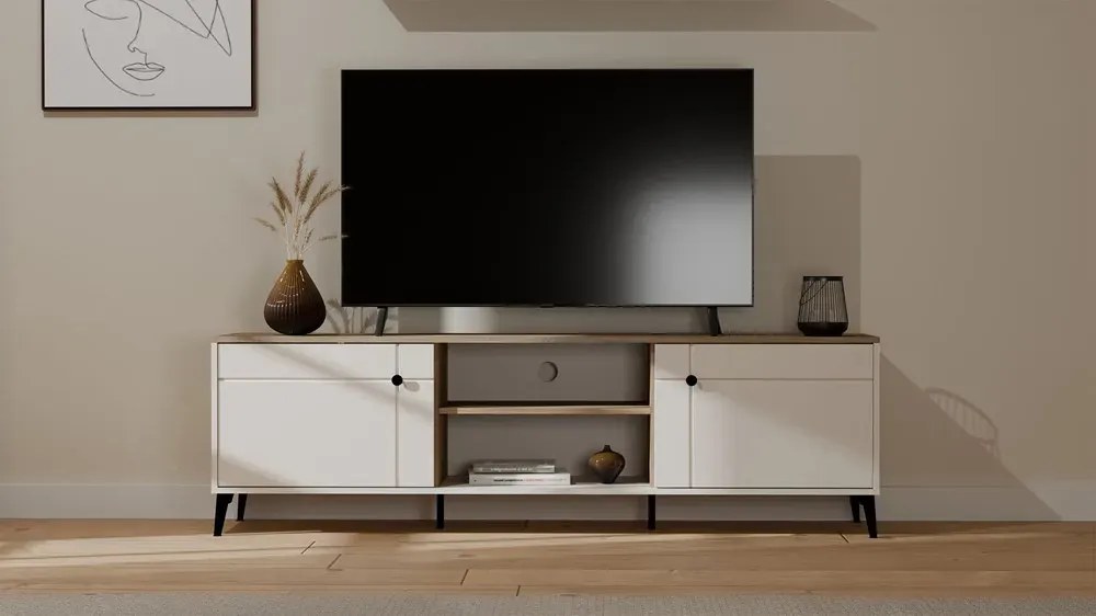 Szafka RTV na nóżkach kaszmir + dąb castello H2-G57