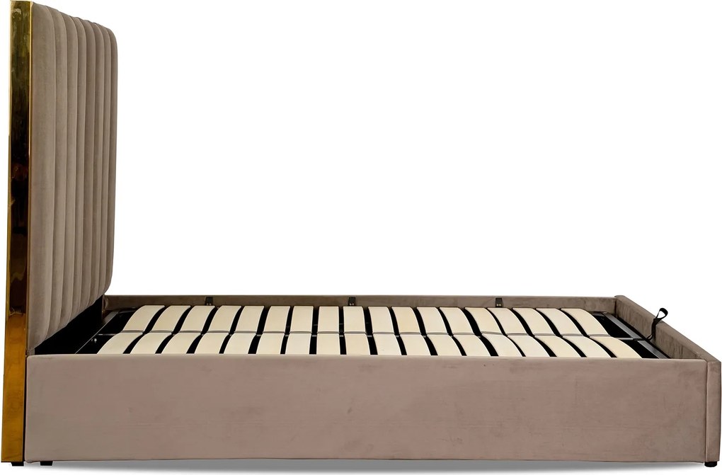 Łóżko Tapicerowane 160x200 cm EMILIO ze Stelażem i Pojemnikiem Dwuosobowe Beżowe Welurowe