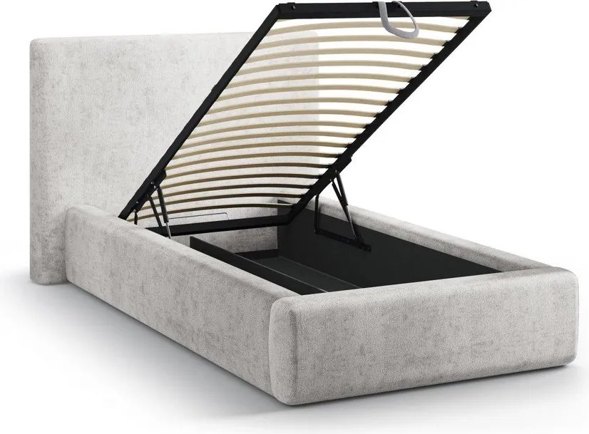 Jasnoszare tapicerowane łóżko jednoosobowe ze schowkiem ze stelażem 90x200 cm Amy – Micadoni