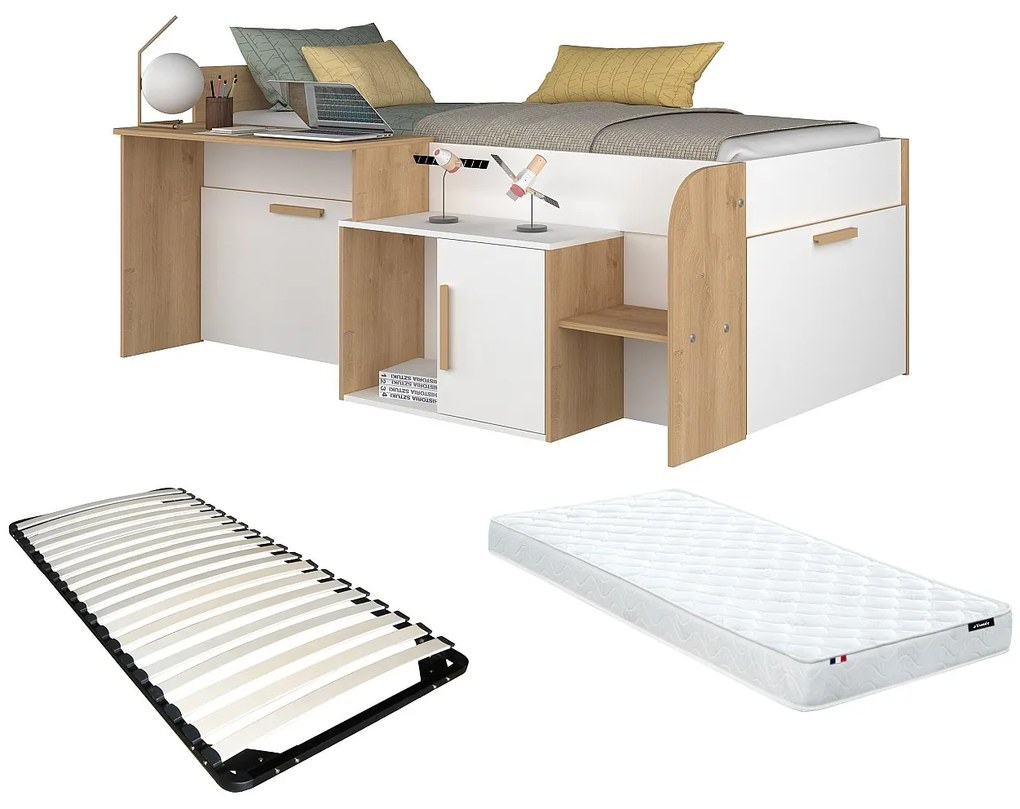 Łóżko piętrowe 90 x 200 cm z biurkiem i schowkami - Biały i naturalny + Stelaż + Materac - PEDRO