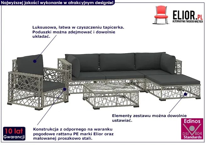 6-częściowy szary zestaw wypoczynkowy do ogrodu - Beck 6A