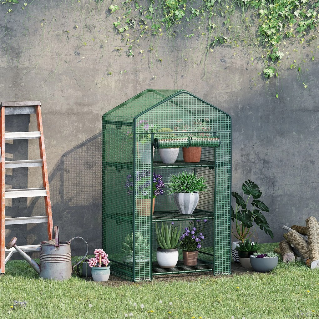 Outsunny Mini Szklarnia Foliowa z 3 Półkami i Drzwiami Zwijanymi Rabatka Warzywna Praktyczna 69x49x125cm Zielony | Aosom PL