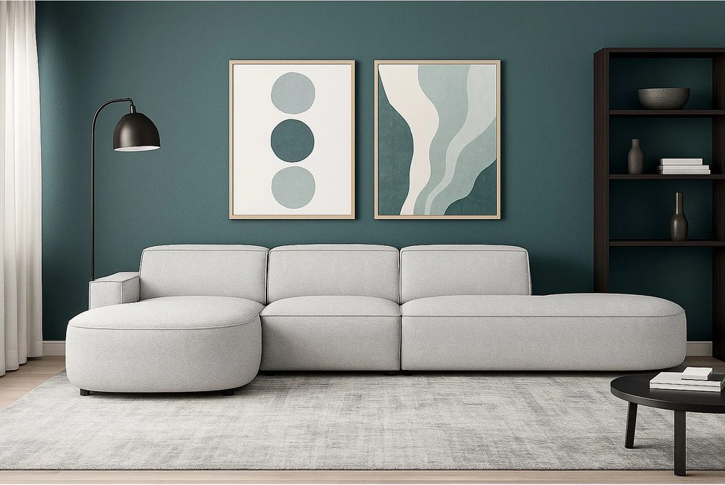 Narożnik modułowy CURSAL F  lewostronny 364×166×70 cm, jasno szary  Raven 6 – zaokrąglone leżanki, wolnostojący