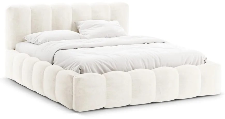 Kremowe tapicerowane łóżko dwuosobowe ze schowkiem ze stelażem 200x200 cm Lupine – Micadoni