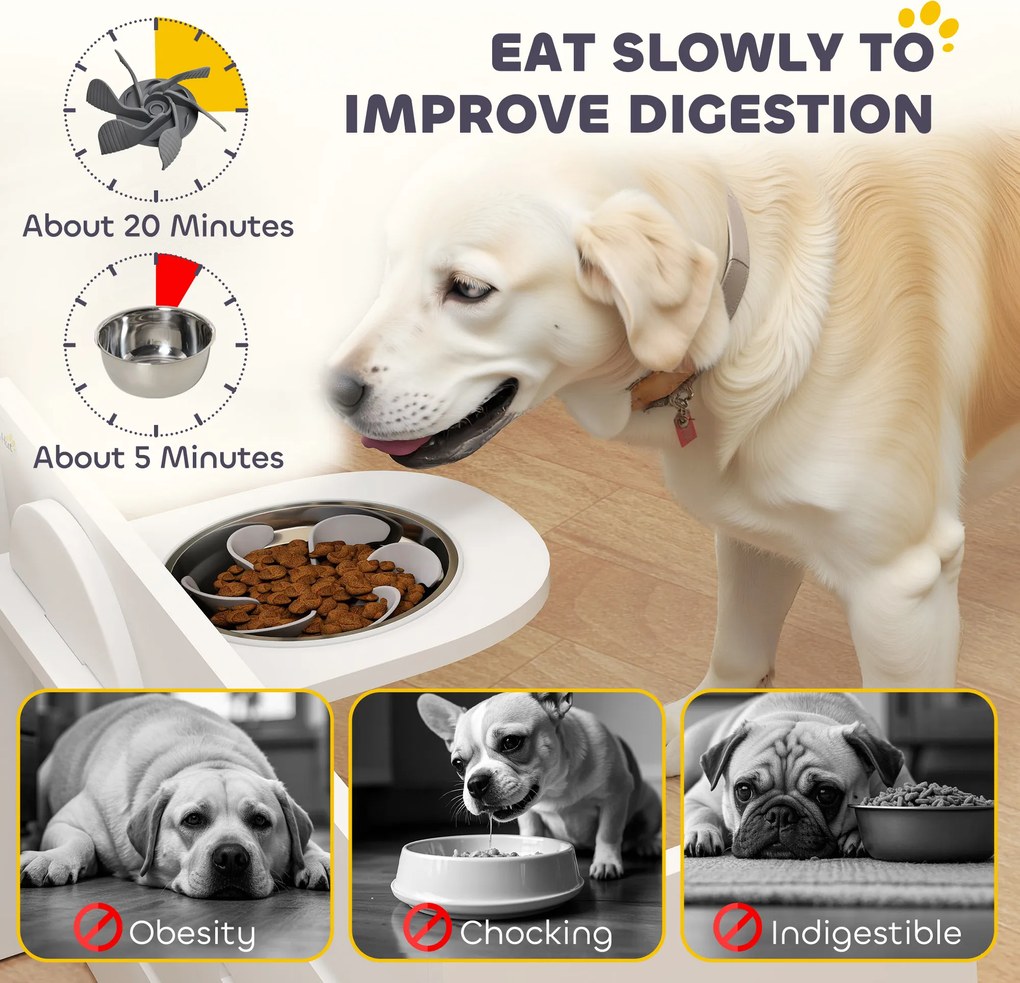 PawHut Stelaż na miskę dla psów, regulowane miski z oddzielnym designem, 2 miski ze stali nierdzewnej, mata przeciw połykaniu, Biały