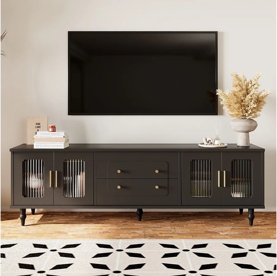 Czarna szafka RTV z 4 drzwiami i 2 szufladami, czarne drewniane nogi - do salonu i biura
