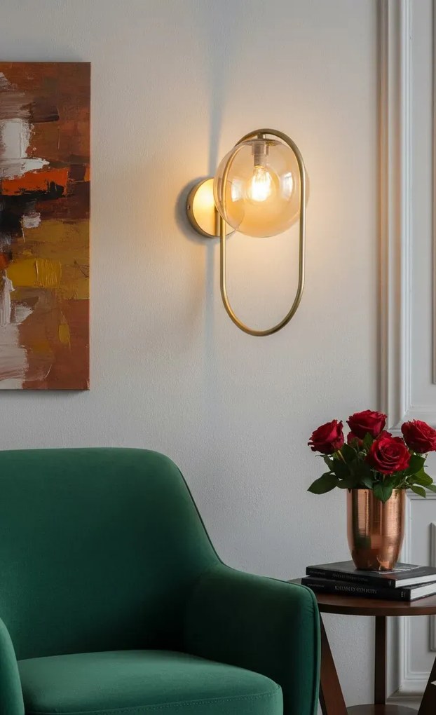 Miedziany kinkiet ścienny z kloszem bursztynowym - 3X M082 A4-R55