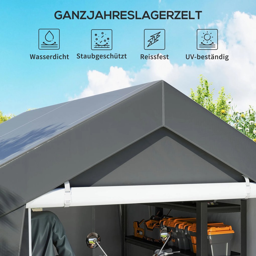 Outsunny Carport Namiot Garażowy 3x3 m Wodoodporny z Drzwiami Rolowanymi Okno Wentylacyjne Wydłużone Krawędzie Ciemnoszary | Aosom PL