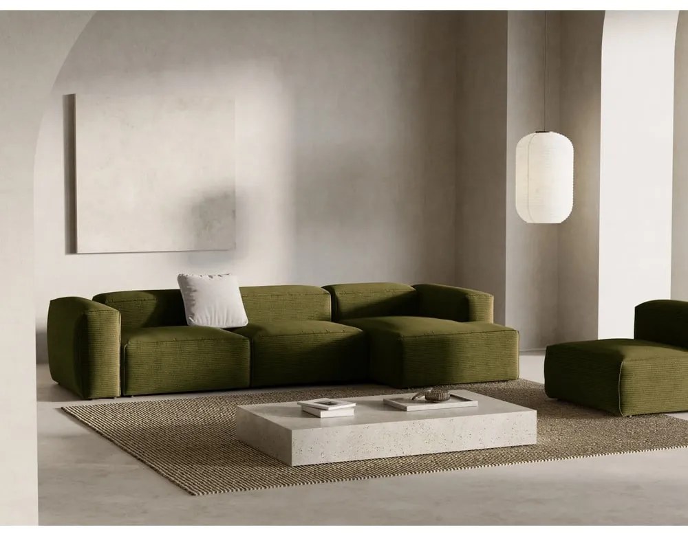 Zielony sztruksowy narożnik (prawostronny/z szezlongiem) Bergano – Cosmopolitan Design