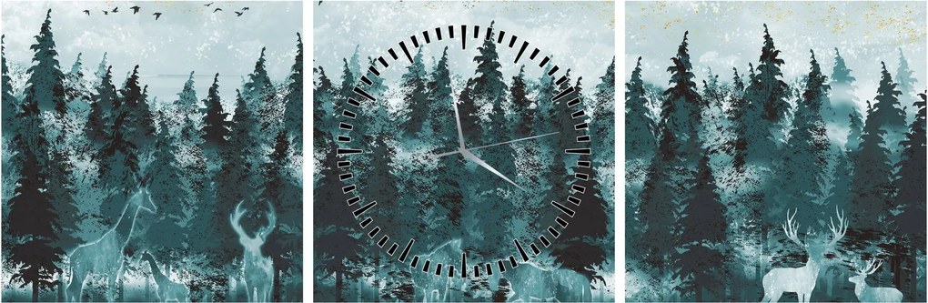 Obraz - Zwierzęta w lesie (z zegarem) (90x30 cm)