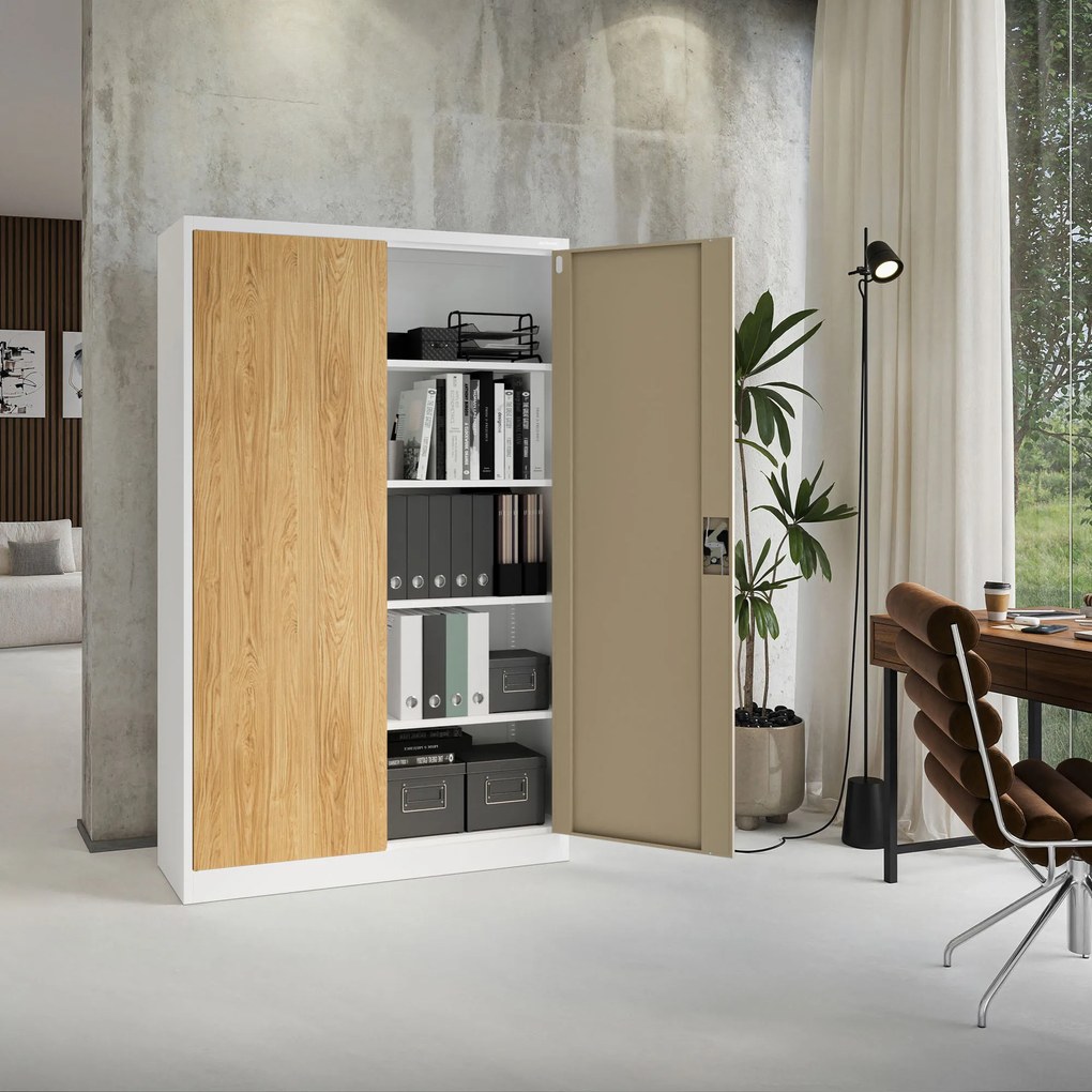 Szafa biurowa metalowa Biały/ Złoty dąb: Eco Design JAN II, 1150 x 1850 x 400 mm