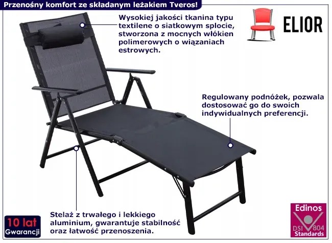Czarny składany leżak ogrodowy - Obsydian