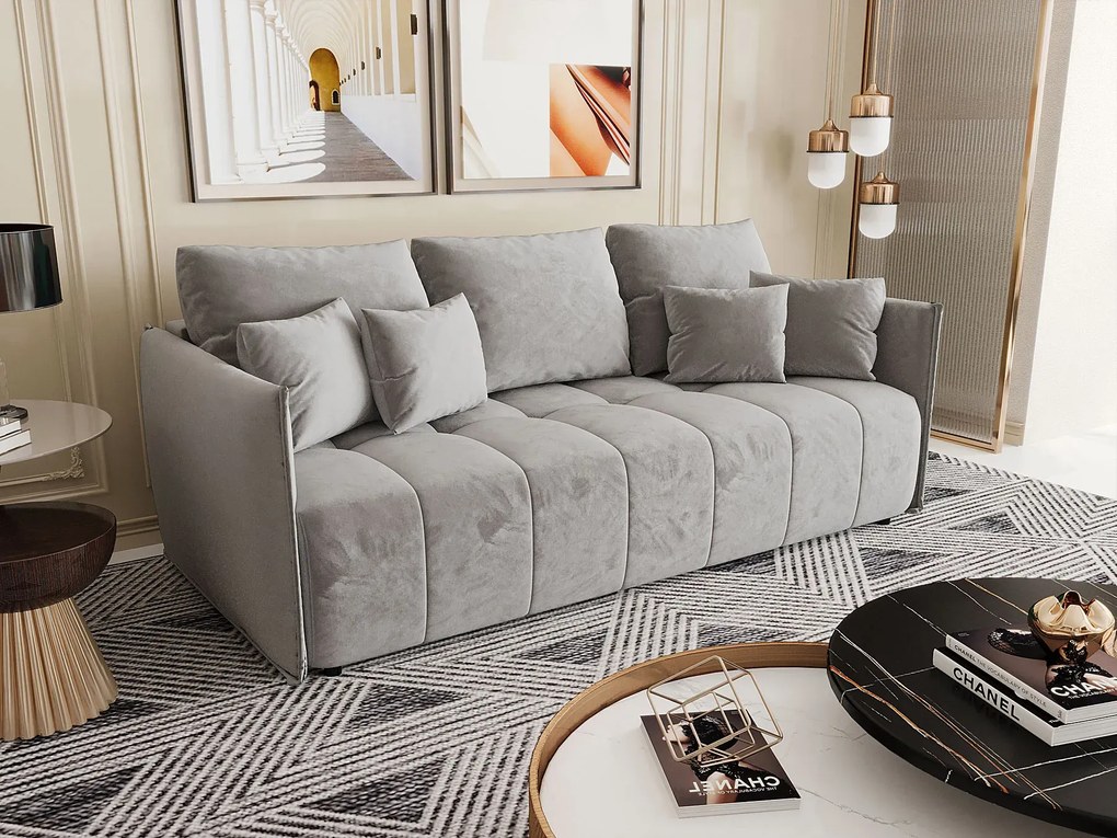 Jasnoszara welurowa sofa z pojemnikiem na pościel F2-A50