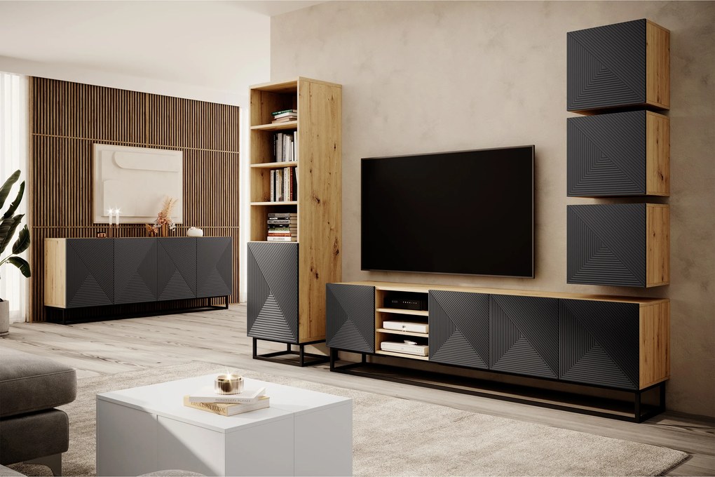 Szafka RTV Asha 200 cm z ryflowanym frontem i stelażem - artisan / rivier stone mat