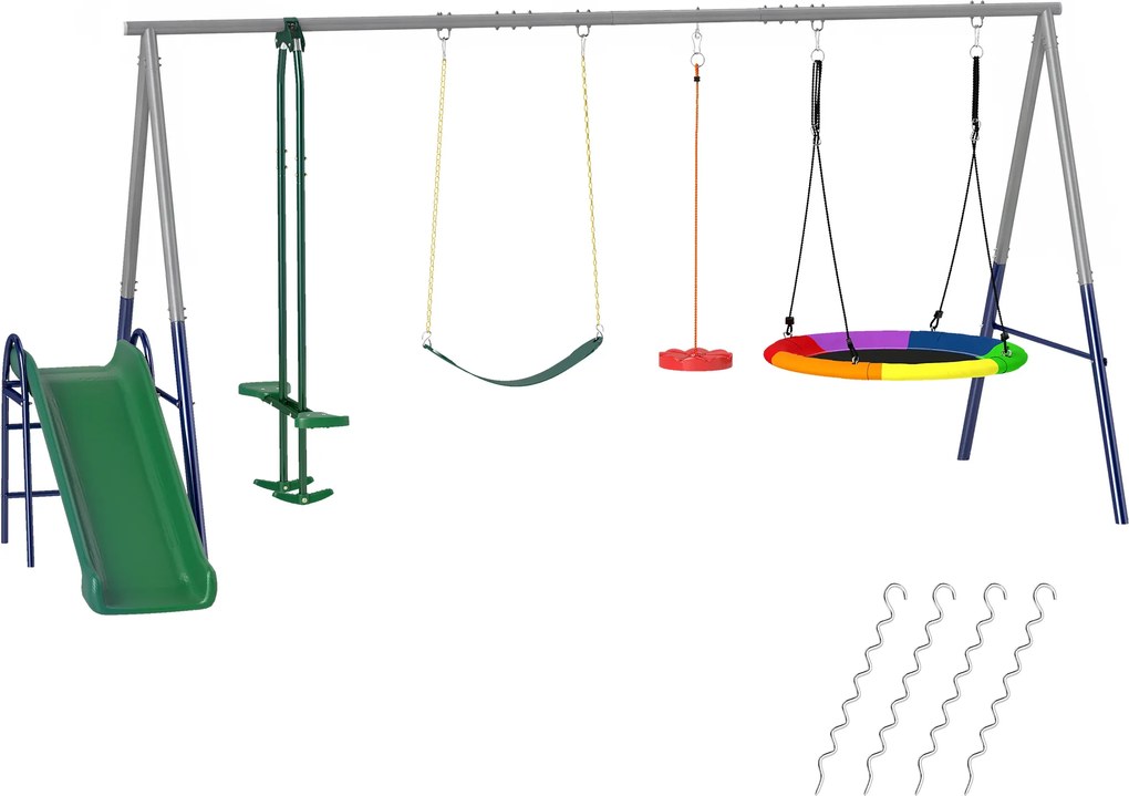 AIYAPLAY 5-w-1 zestaw huśtawek z regulowaną zjeżdżalnią i huśtawką w kształcie gniazda, 382x196x203 cm, wielokolorowy | Aosom PL