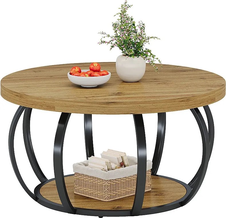 Okrągły stolik kawowy, industrialny, dwupoziomowy stolik kawowy w kształcie koła z półkami, nowoczesny drewniany stolik akcentowy