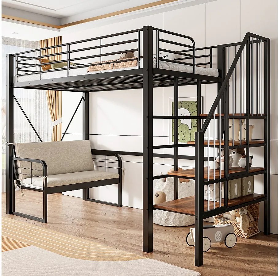 Łóżko piętrowe dla dzieci - 90 x 200 cm - z wyjmowaną sofą + drabinka ze schowkiem - rama metalowa - kolor czarny