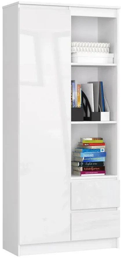 Biały regał do biura z drzwiczkami w połysku W2-R80