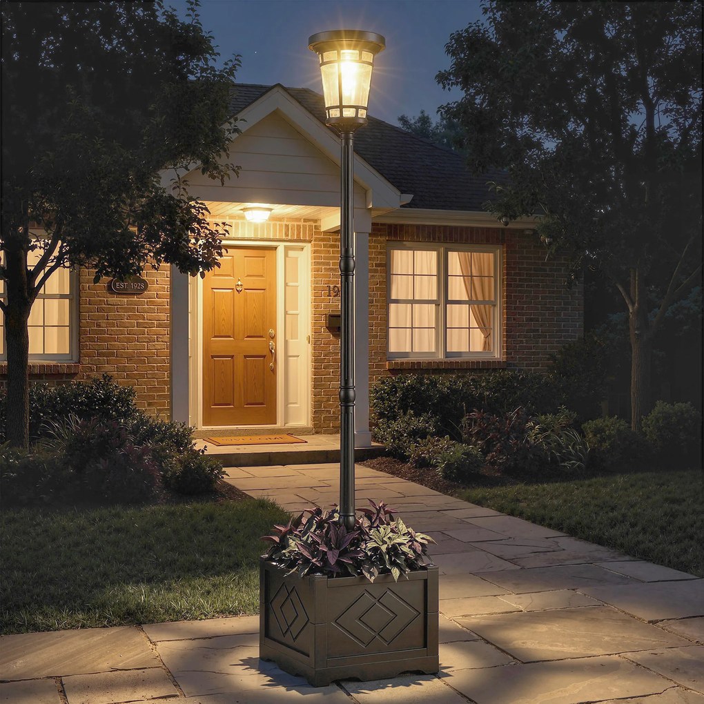 Outsunny Lampa Solarna Stojąca z Donicą 195 cm Zewnętrzna Latarnia Ogrodowa z 2 Poziomami Jasności Czujnik Światła IP44 | Aosom PL