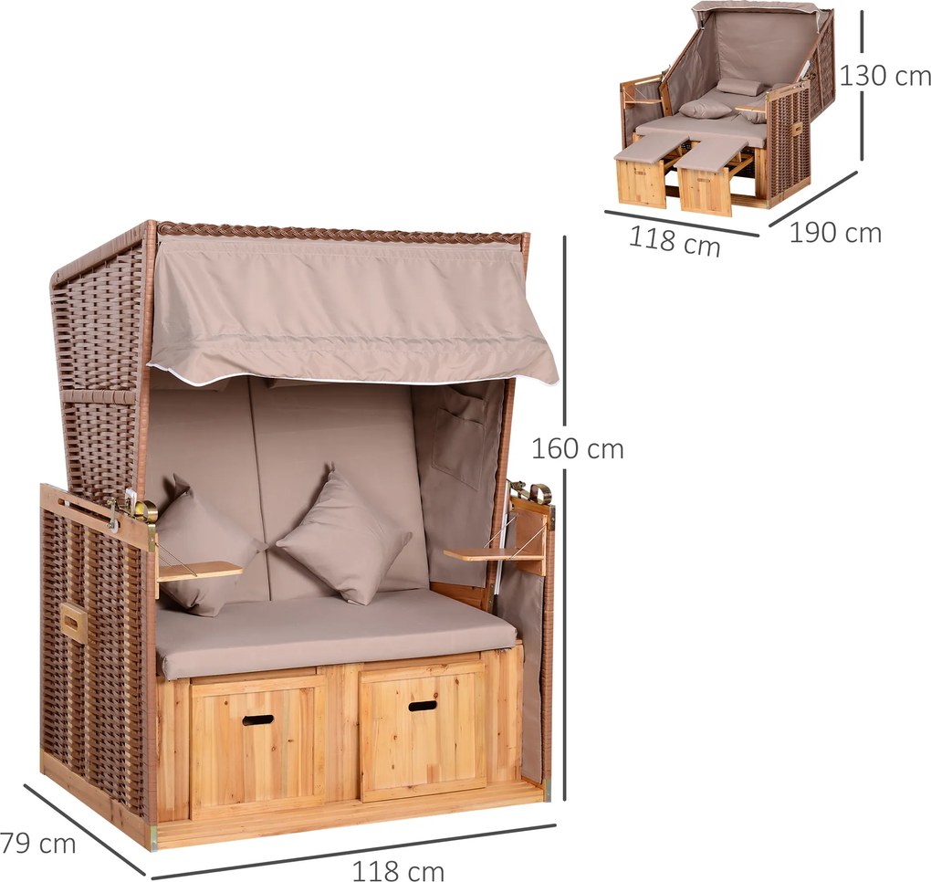 Outsunny Leżak 2-osobowy z daszkiem, uchwyty na napoje, PE-rattan, jasny brąz, 118x79x150cm | Aosom PL