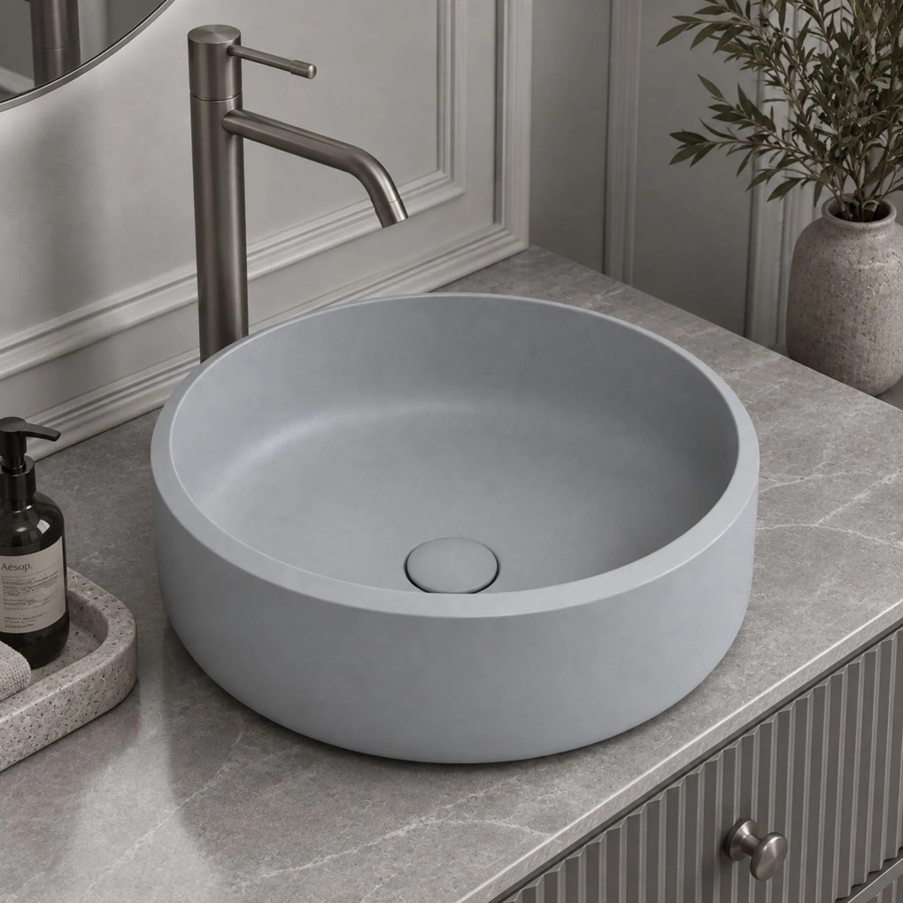 Massi Umywalka z konglomeratu nablatowa okrągła szara matowa 40 cm RONA Grey Matt
