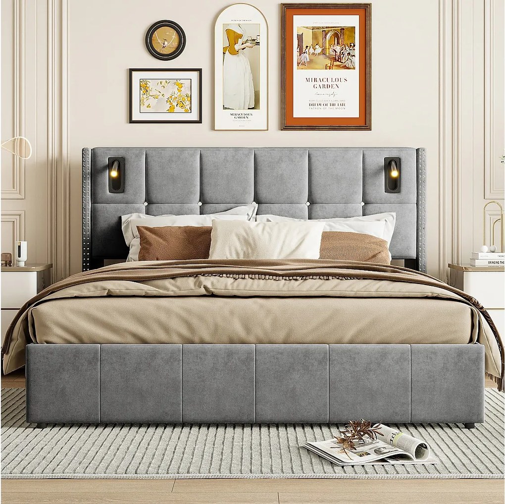 Tapicerowane łóżko podwójne z szarym aksamitem 140x200 cm z hydraulicznym schowkiem, lampkami do czytania i portem USB