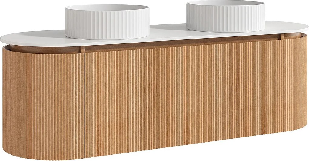 Wisząca szafka łazienkowa prążkowana z podwójną okrągłą umywalką nablatową prążkowaną – Jasny naturalny - szer. 150 cm - LILIKO