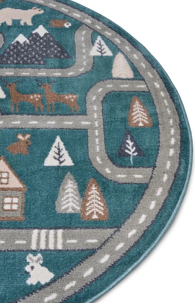 Dywan dziecięcy Adventures – Uliczki zielono-brązowo-szare koło 100 cm x 100 cm Atest Oeko-Tex