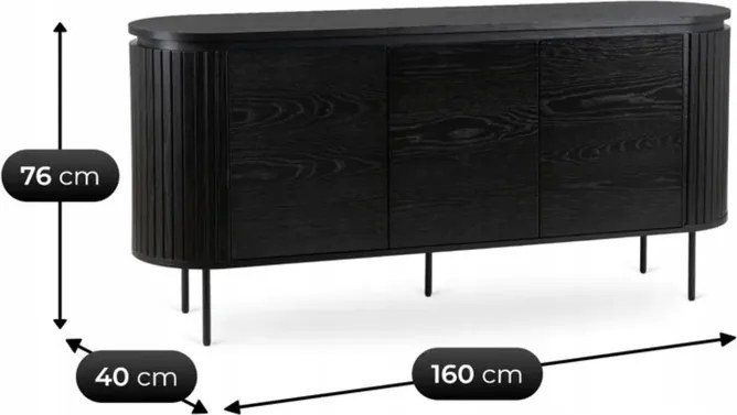 Komoda do Salonu BECK 160 cm Czarna Trzydrzwiowa Ryflowana Nowoczesna